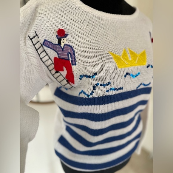 Vintage 80s 90s Via L.A. Fishermen on Ladders w/ Blue & White Stripes Sz Small - Picture 2 of 7